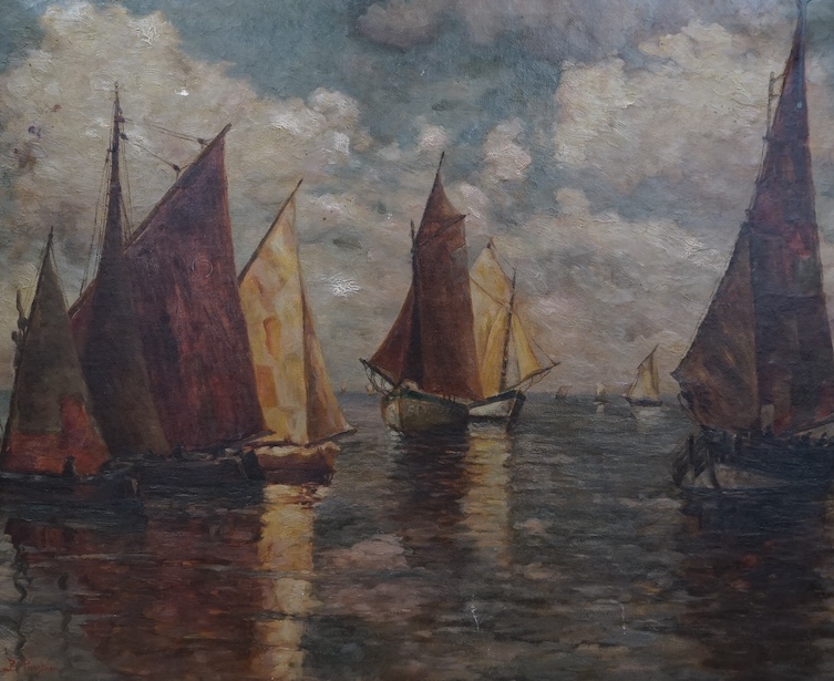 Manner of Priestman, oil on board, Sailing boats, 52 x 63cm, ornate gilt frame. Condition - good